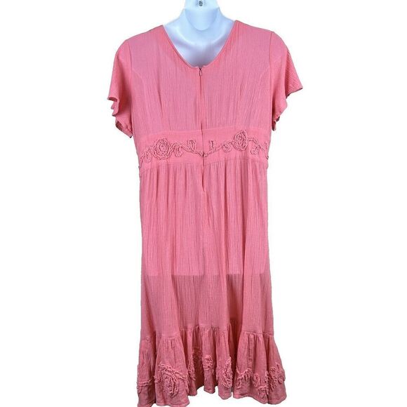 Only Necessities Midi Dress 18 W Coral Ruffles‎ Embroidery Gauzy Coastal Beachy - Picture 2 of 13